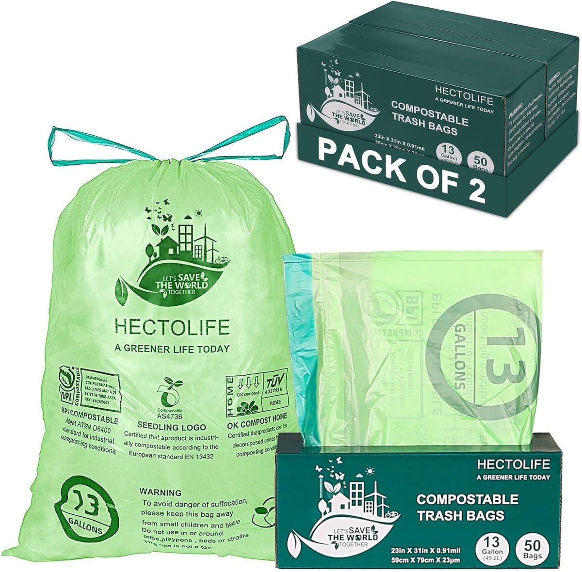 13 Gallon,100 Count, Compostable Trash Bags with Drawstring,Tear Resistant Kitchen Food Scrap Waste Bag, ASTM D6400, US BPI and Europe OK Compost Home Certified