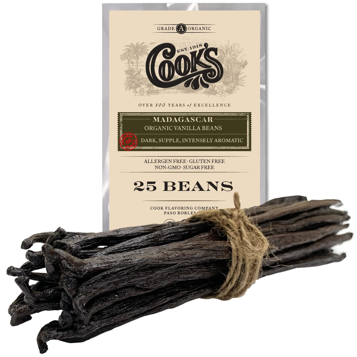 25 Organic Madagascar Whole Vanilla Beans, Grade A Pods, Premium Vanilla Beans for Making Extract & Baking - Cook’s