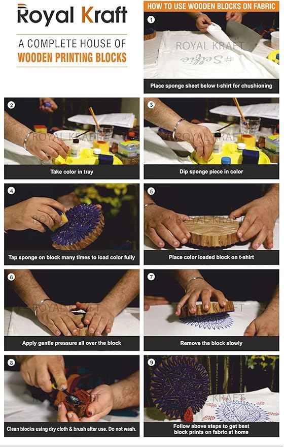 Royal Kraft Wooden Stamps – Mehndi Print Blocks (Set of 10) & Mandala Pattern Stamps (Set of 5) for Block Printing on Saree Border, Fabric, Textile, Clay, Pottery, Tattoo & DIY Crafts Bulk01_15