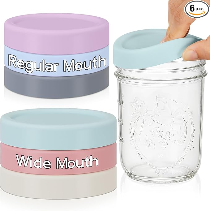 Teenyyou 6 Pcs Mason Jars 3 Wide and 3 Regular Mouth Lids Mason Jar Lids Thickened Leak Proof Lid for 86 mm and 70 mm Wide and Regular Mouth, Reusable Canning Jar Caps (Morandi)