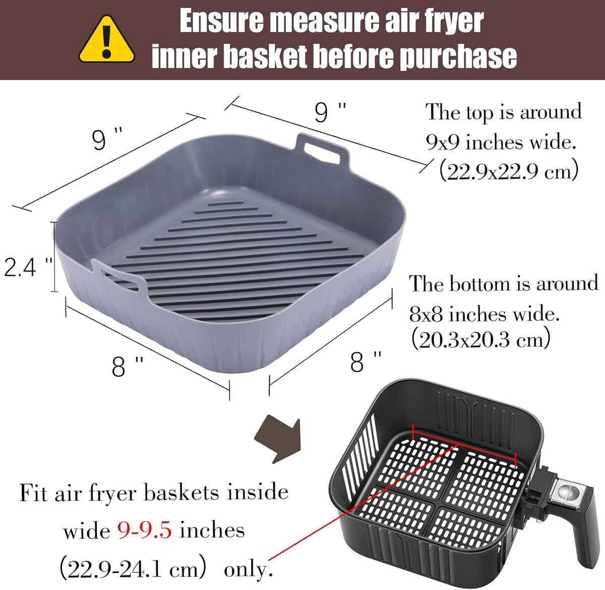 Silicone Liners Square for Air Fryer, 2 Pcs Non-stick Food-grade Reusable Basket Silicone Pot Baking Tray Airfryer Accessories, Top Size 9 inches, Bottom Size 8 inches