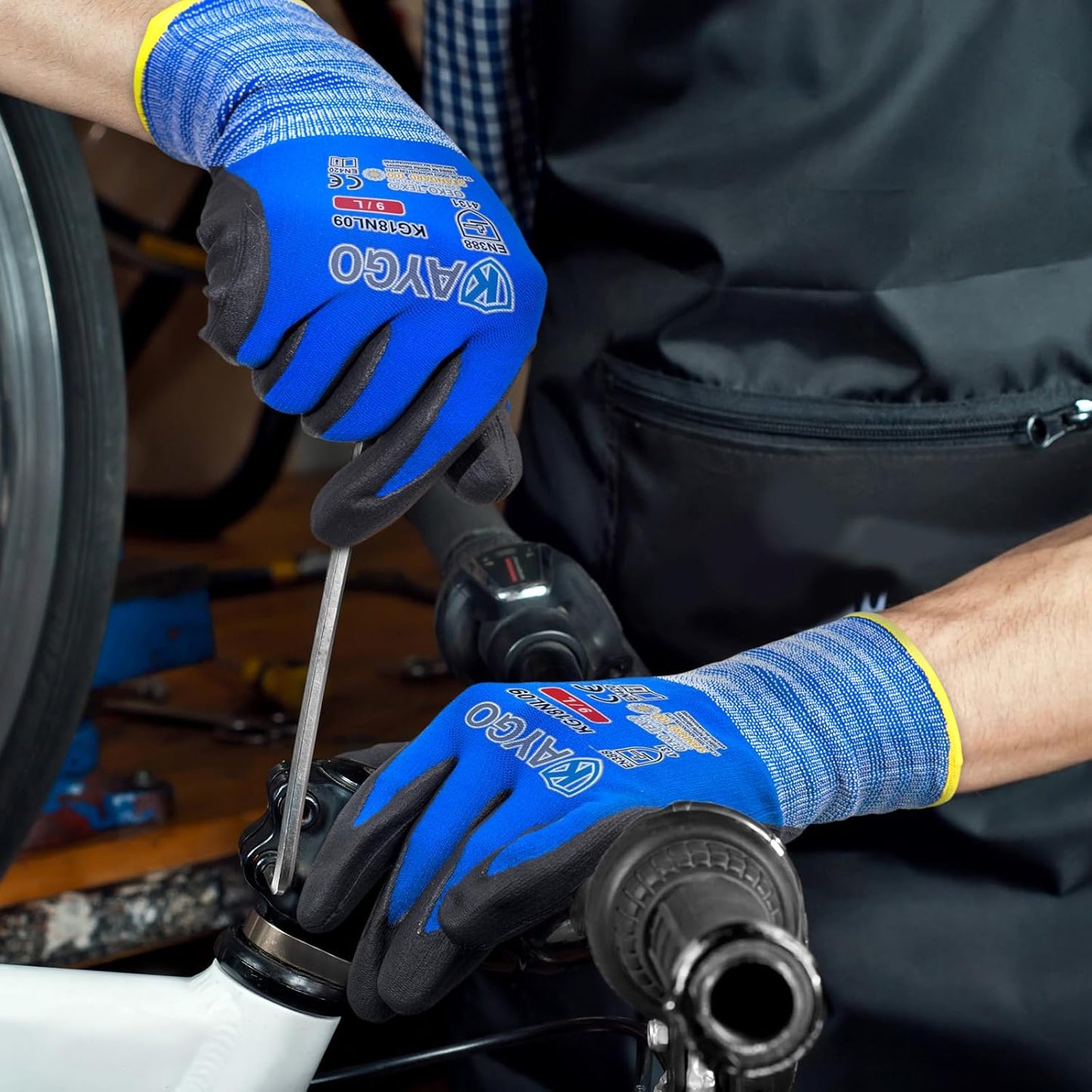 KAYGO Safety Work Gloves MicroFoam Nitrile Coated, 12 Pairs KG18NB,Seamless Knit Nylon Glove with full fingers Touchscreen, Ideal for Automotive,Warehouse,Construction (Large, Blue)