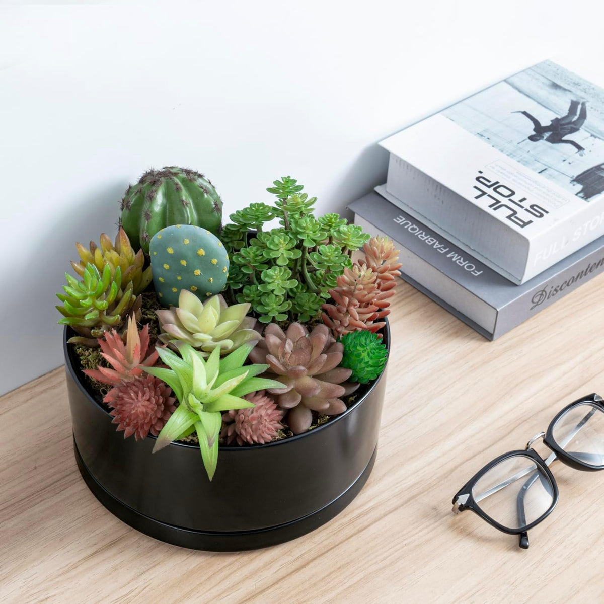MyGift 8 Inch Black Ceramic Succulent Planter Pot - Decorative Flower Plant Bowl with Removable Saucer