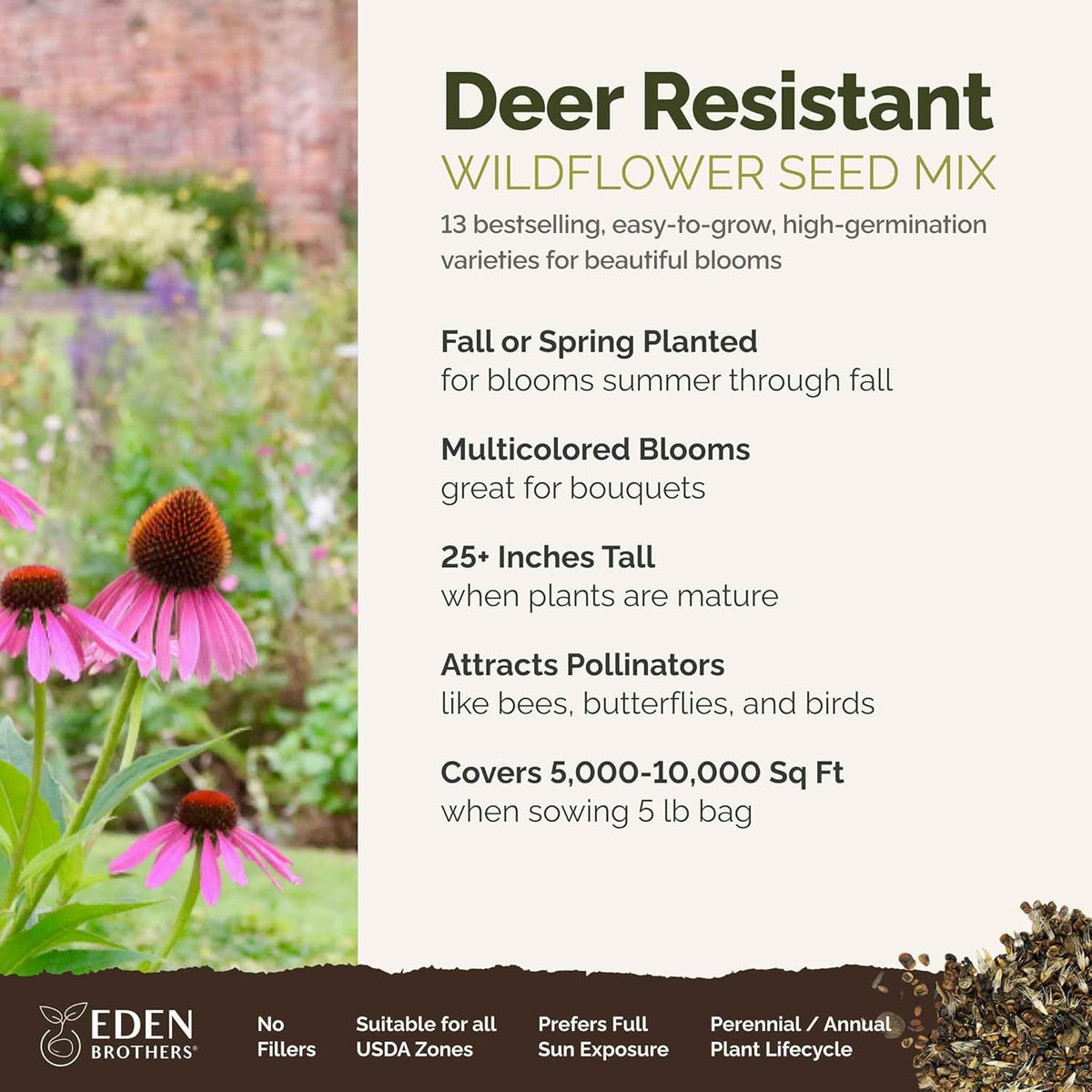 Eden Brothers Deer Resistant Wildflower Mixed Seeds for Planting, 5 lb, 2,400,000+ Seeds with Foxglove, Forget Me Not | Attracts Pollinators, Plant in Spring or Fall, Zones 3, 4, 5, 6, 7, 8, 9, 10