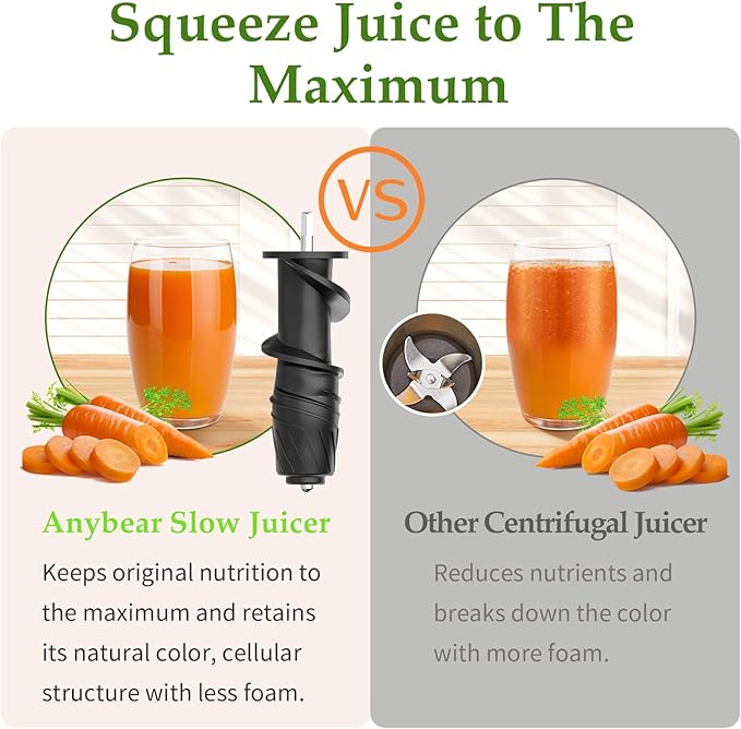 Anybear Masticating Juicer Machines, 3.5" Large Feed Chute Cold Press Juicer Fit Whole Fruits Vegetables with Quiet Motor | 5 Speed Modes | Easy to Clean with Brush | BPA Free (Silver & Black)