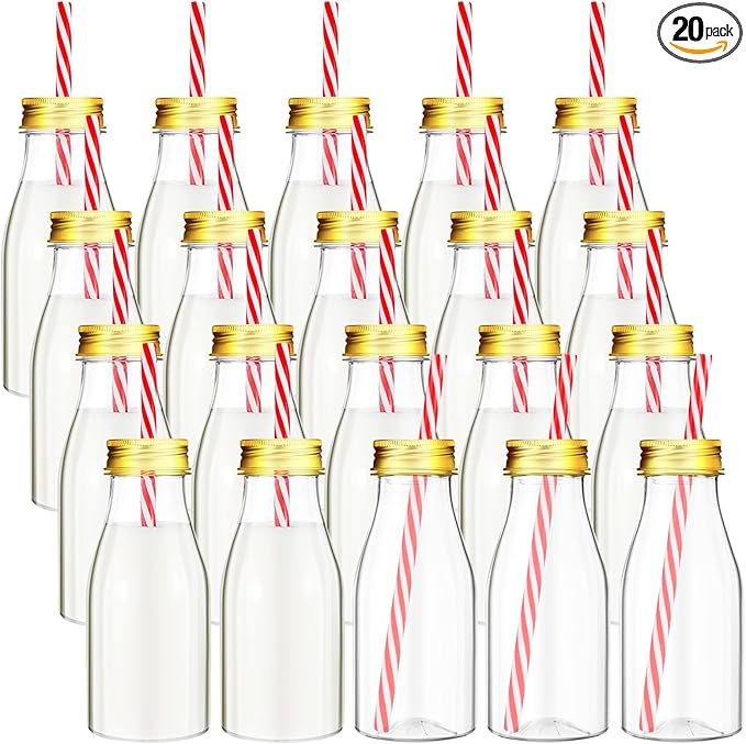 Yinkin 20 Sets Plastic Milk Bottles with Straws Lids Clear Plastic Containers for Dairy Milk Party Bottle for Juices Shakes Smoothies (8 oz,Gold Lid)