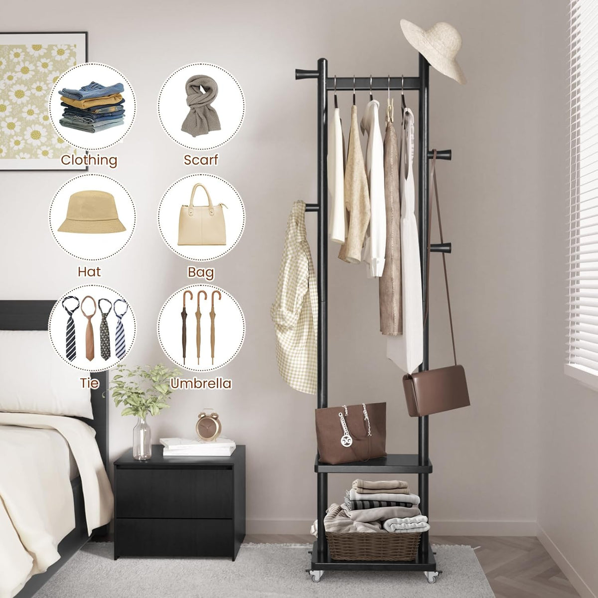 Solid Wood Coat Rack Freestanding Clothing Rack with Wheels & 2 Shelves Storage & 5 Hooks Heavy Duty Clothes Rack Wood Coat Tree Stand Hat Hanger Rack for Corner Bedroom Entryway Living Room Hotel