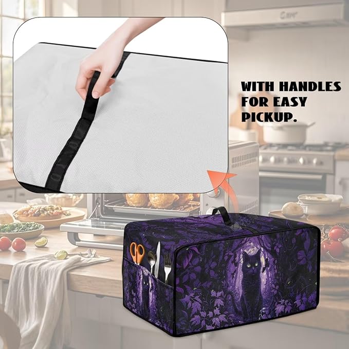 Countertop Convection Oven Cover Decorative and Protective Air Fryer Toaster Oven Dust Cover for Home Kitchen Indoor Decor, L, Black Cat Skull Bat Violet Forest Halloween