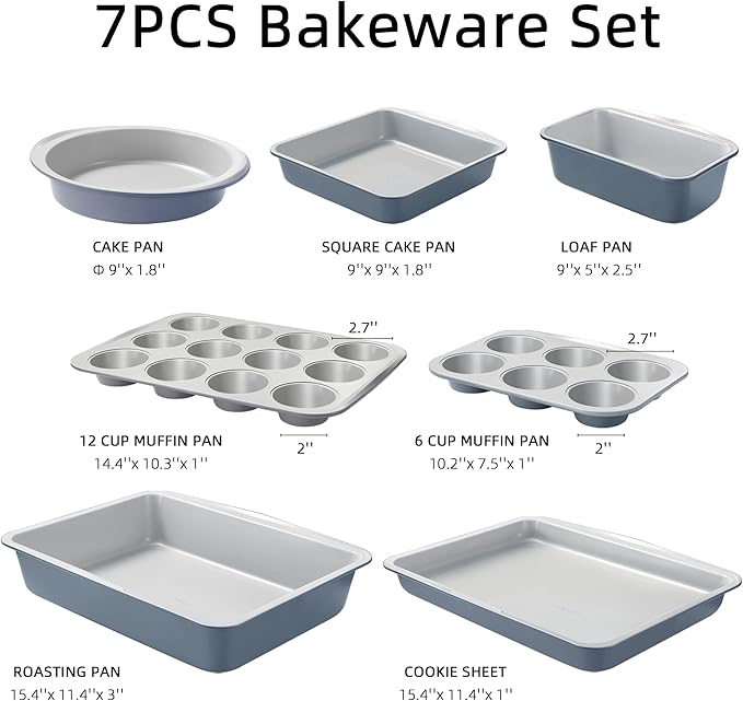 CAROTE 7-Piece Nonstick Stackable Baking Pans Set - Bakeware Sets Including Cookie Sheets for Baking, Muffin Pan, Bread Pan, Cake pan, Loaf Pan, Roasting Pan, Gray & Blue