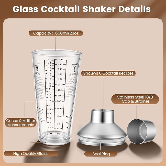 3 Pack Glass Cocktail Shaker Set, 23oz Bartender Kit with Built-in Strainer, Ice Tongs, Measuring Jigger, Muddler & Mixing Spoon, Professional Bar Tools for Home Bartending & Mixology