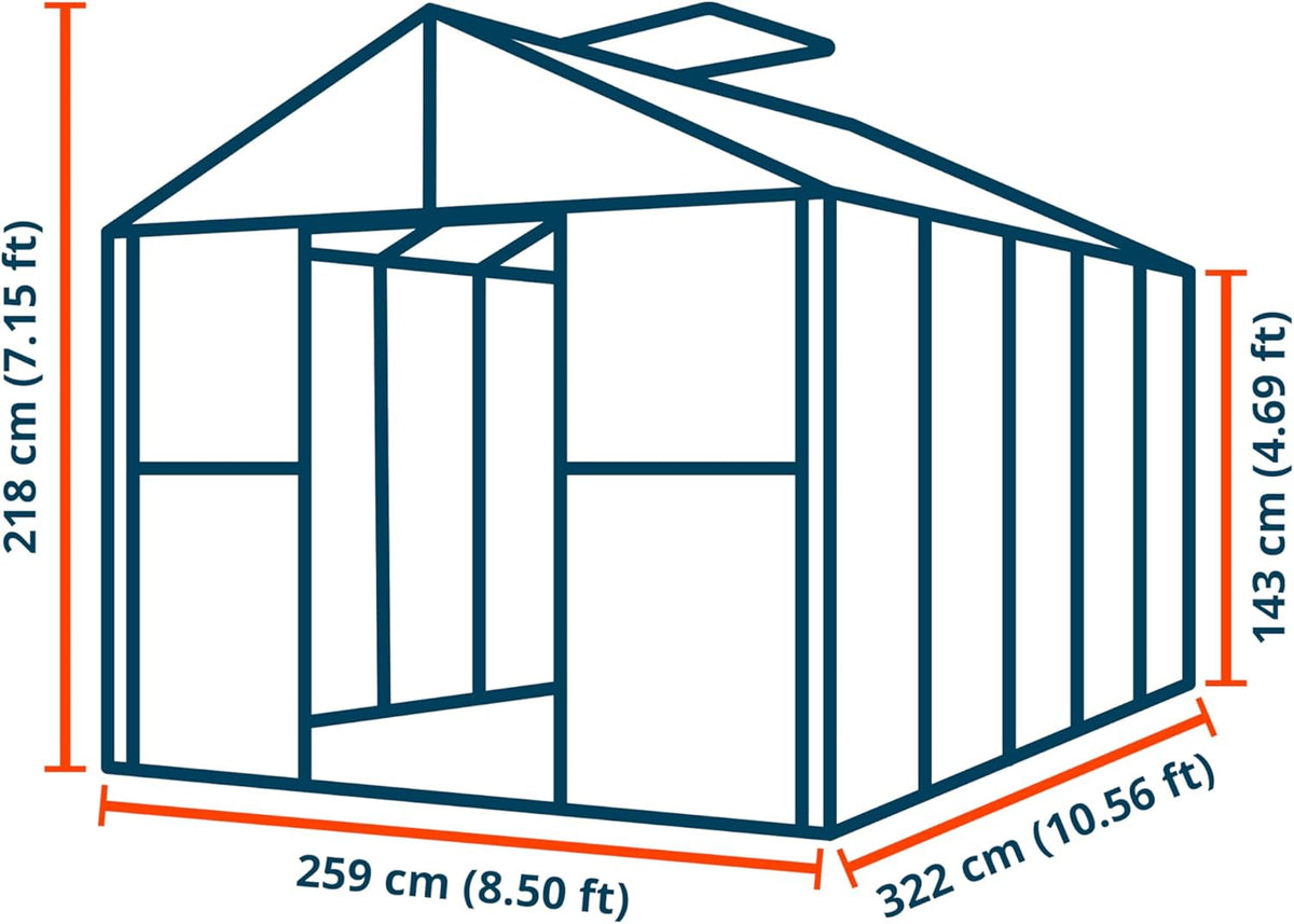 Greenhouse Saphir 5 Aluminum Frame 8.5 x 10.6 ft Approx. 8 mm Polycarbonate Panels - with Bonus Base Frame and Automatic Vent Opener