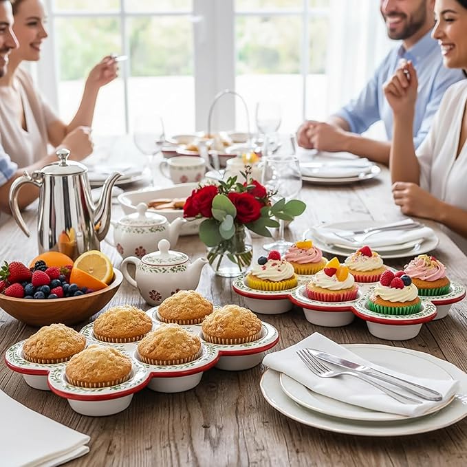 Hiceeden 2 Pack Ceramic Muffin Pans, 6 Cup Non-Stick Muffin Tin Cupcake Pan, Floral Baking Pans with Red Rim for Puddings, Muffins, Cakes, Quiches, Brownies