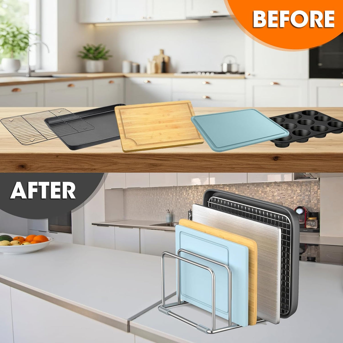 304 Stainless Steel Cutting Board Organizer Rack – Rustproof Compact 4-Slot Holder for Thin Cutting Boards and Plates – Premium Kitchen Storage Solution for Countertops and Cabinets