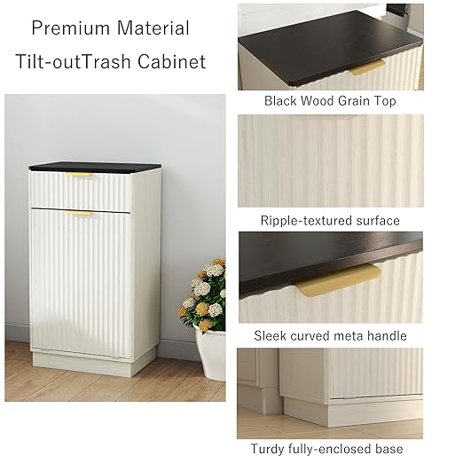 13 Gallon Tilt Out Trash Can Cabinet with Storage, Wooden Farmhouse Trash Can Kitchen Hideaway, Sturdy Freestanding Single Trash Cabinet, Pet-Proof Hidden Garbage Can Cabinet for Kitchen, (White)