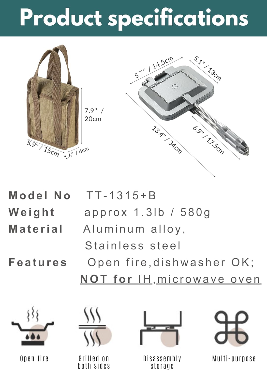 camping moon Sandwich Maker Hot Sand Single Burner Gas Fire Open Fire Compact Aluminum TT-1315 (Silver w/bag)