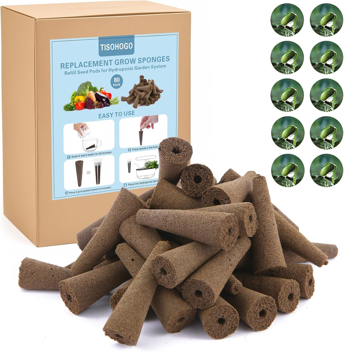 80 Pack Grow Sponges, Seed Pods Replacement Root Growth Sponges Compatible with AeroGarden, Moldy-Free, Kit with 10 Pod Labels for Hydroponic Indoor Garden System