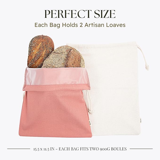 Sourdough Bread Bags for Homemade Bread, 2 Pack, Reusable Cotton Linen, Machine Washable, Freezer Safe - BPA-Free TPU Liner, Fits 2 Loaves Each, Beeswax Wrap Alternative, Drawstring Closure