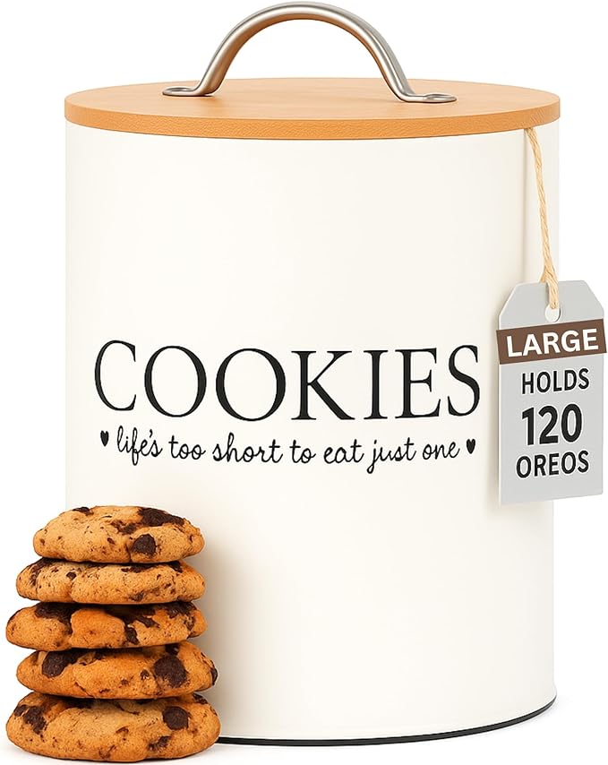 D'Lifeful Cookie Jar with Airtight Bamboo Lid – 1.1 Gallon Cute and Decorative Cookie Storage for Kitchen Countertop – Farmhouse Storage Tin for Freshness – Great Gift Idea (Off White)