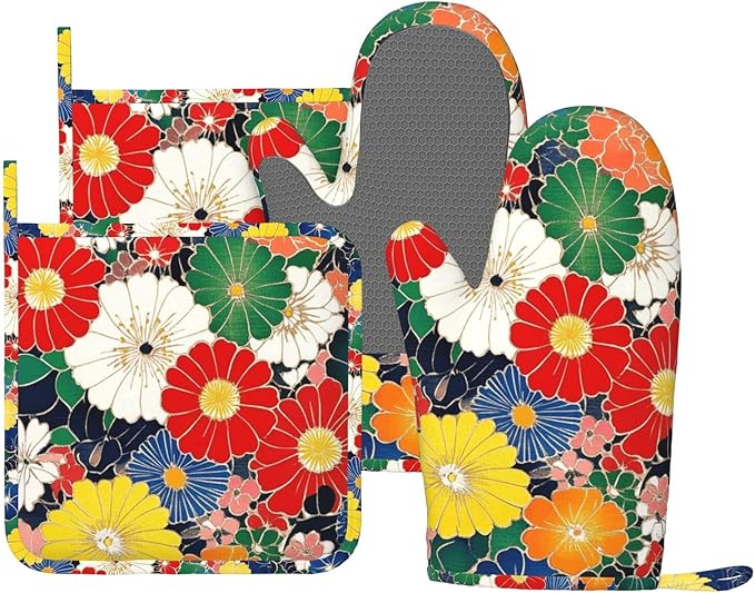 Oven Mitts and Pot Holders Flower Ethnic Art Pattern Silicone Kitchen Accessories Set of 4 Heat Resistant Long Gloves Potholder Non-Slip Grip for Chef Cooking Baking Grilling BBQ