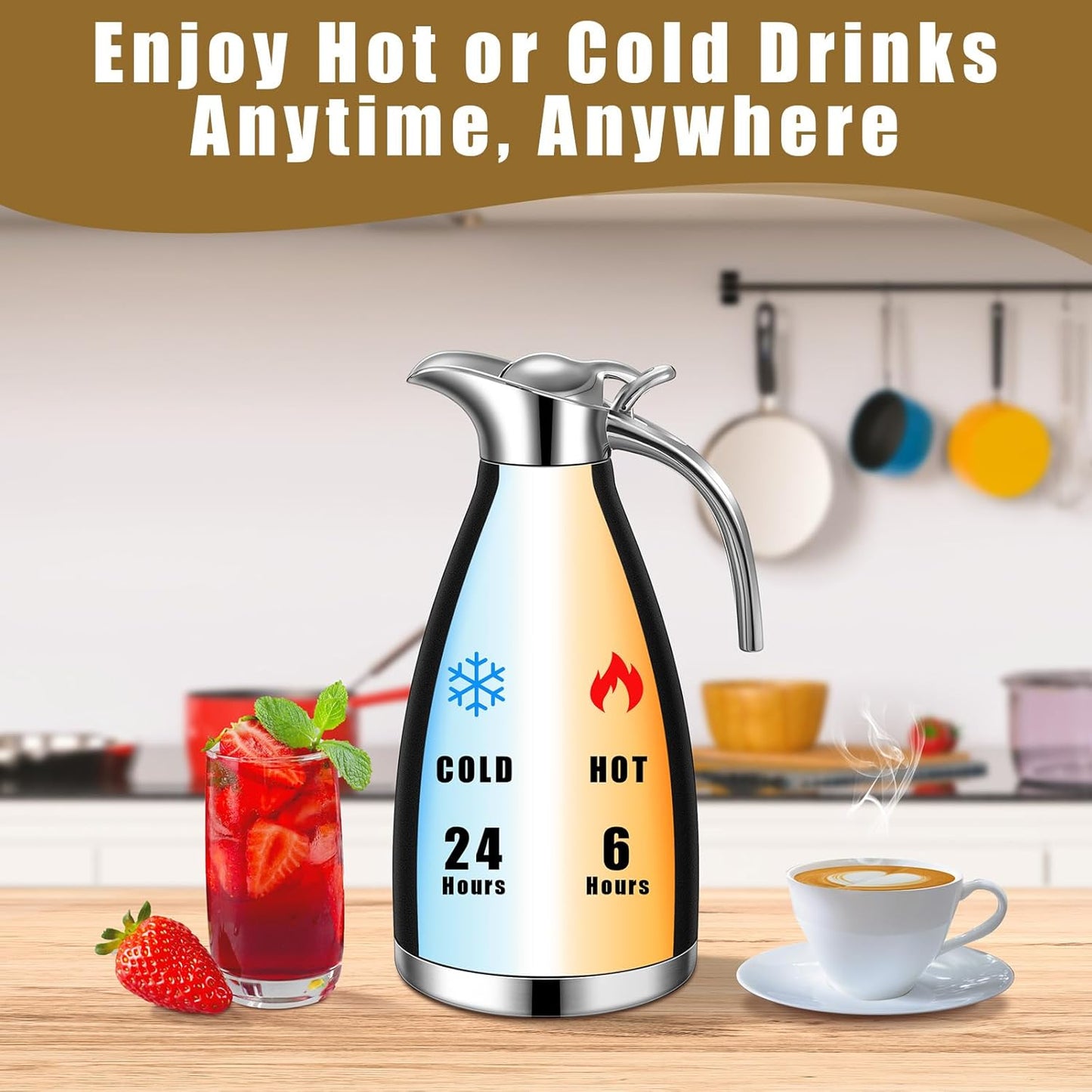 Uiifan 2 Pcs 68 oz Thermal Coffee Carafe Insulated Stainless Steel Coffee Carafe for Hot Liquids Vacuum Thermal Pot Creamer Dispenser with Brushes Keeping Hot Tea Milk Water(Black)