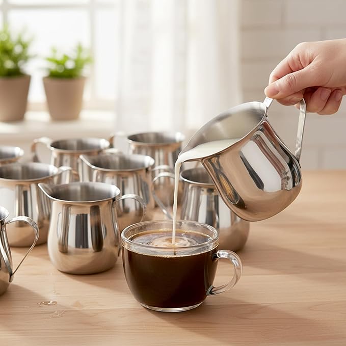 JAPCHET 20 Pack 3 Oz Small Metal Creamer Pitchers, Stainless Steel Bell Creamers with Pouring Spout, Mini Pitcher Cup Creamer Dispenser for Serving Milk, Coffee Cream, Sauce, Maple Syrup
