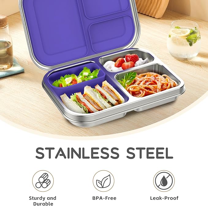 BOSEDSANG Stainless Steel Kids Leak-Resistant Bento Lunch Box, 3-Compartments with Silicone Container, Dishwasher-Safe, Child-Friendly Design for School, Picnics & Travel,BPA-Free(Purple)