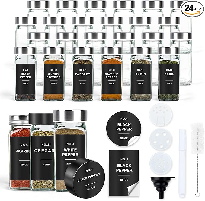 Spice Jars with Label, 24pcs 4oz Glass Spice Jars with Stainless Steel Lids, Square Spice Containers with 304 Labels and Shaker Inserts, Empty Seasoning Bottles for Drawer, Cabinet, Organizer
