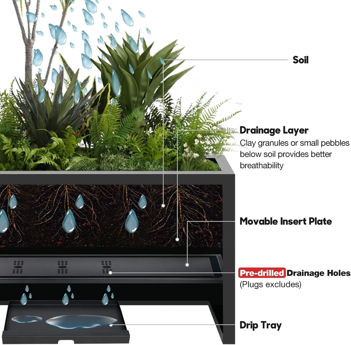 Worth Garden Metal Rectangular Planter Box - Black Powder Coated Steel Planter - 16" H. Tall Heavy Duty Modern Flower Plant Pot - Indoor & Outdoor, Commercial & Residential (16"x12"x36")
