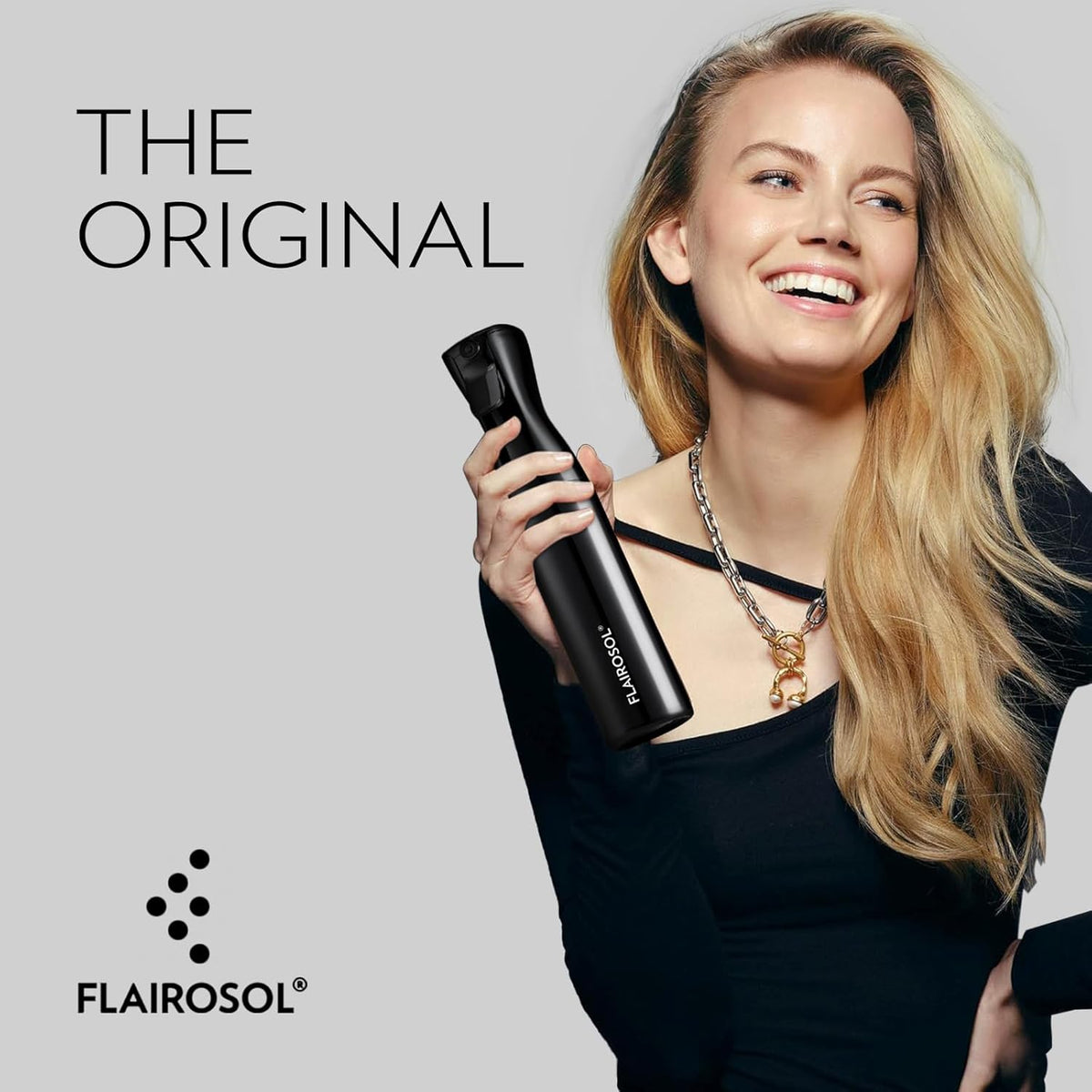 FLAIROSOL Spray Bottle for Hair, Continuous Spray Bottle with 0.3MM Ultra Fine Mist, Water Mister for Hairstyling, Cleaning, Plants, Pets, 10.1oz/300ml, Black Bottle, White Print