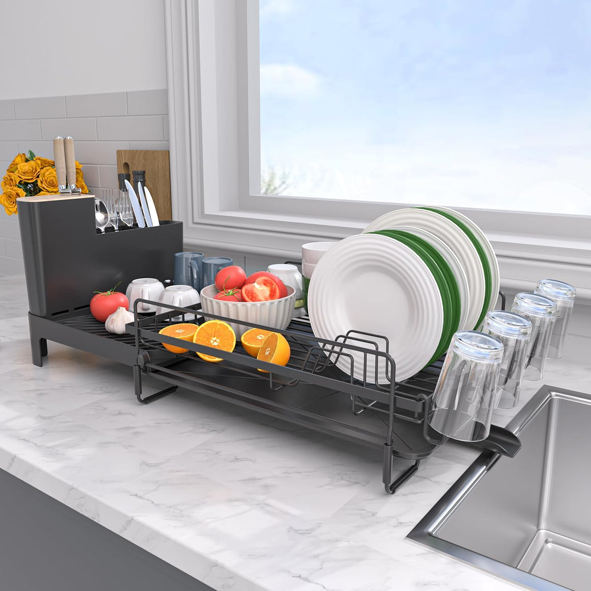 Runnatal Large Detachable Dish Rack with Drainboard Set, Dish Drying Rack Extendable Dish Rack, Utensil Holder, Cup Holder, Expandable Dish Drainer for All Kitchen Counter