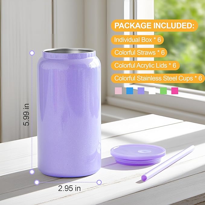 6 Pack Glass Cups with Lids and Straws Unbreakable 16 oz Stainless Steel Can Cup Double Wall Insulated Beer Can Tumbler for Iced Coffee, Juice, Soda, Iridescent-Colored