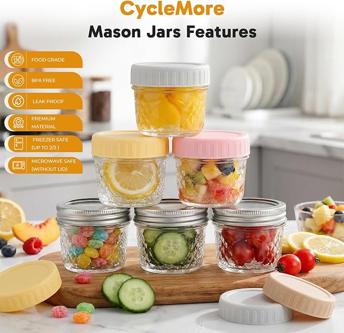 CycleMore 4oz Mason Jars, 40 Pack Small Glass Jar With Silver Separable Lids & Colorful Plastic Lids, Mini Canning Jars for Honey, Jam, Jelly, Wedding Favors, Kitchen Food Storage