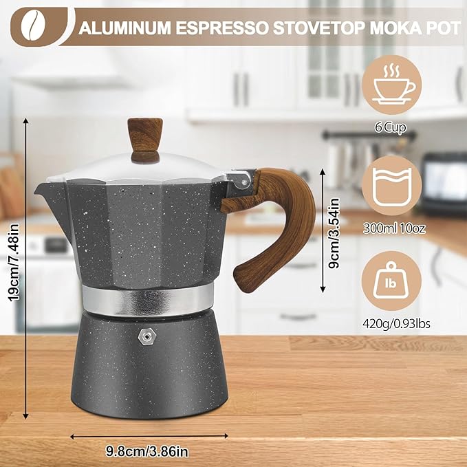 Aluminum 6 Cup 300ml Moka Pot Express Coffee Maker Stovetop Espresso Colorful Coffeemaker Italian Classic Style Brewing Greca Cafe Mocha Machine for Cafeteras Lover Camping Travel and Home Use 10oz