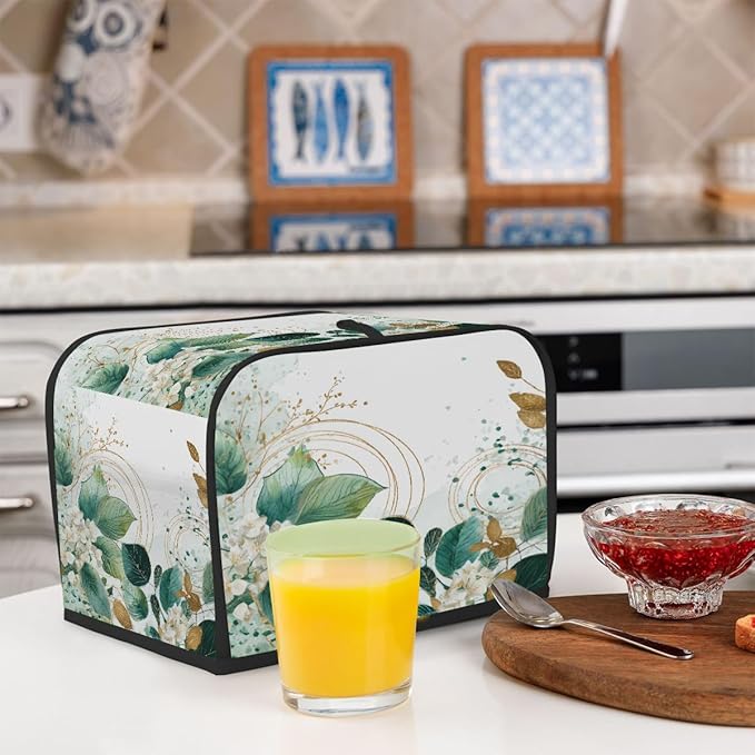 4 Slice Toaster Cover,Sage Green Eucalyptus Leaves Floral Gold Line Small Kitchen Appliance Bread Machine Cover with Pockets,Dust & Fingerprint Protection