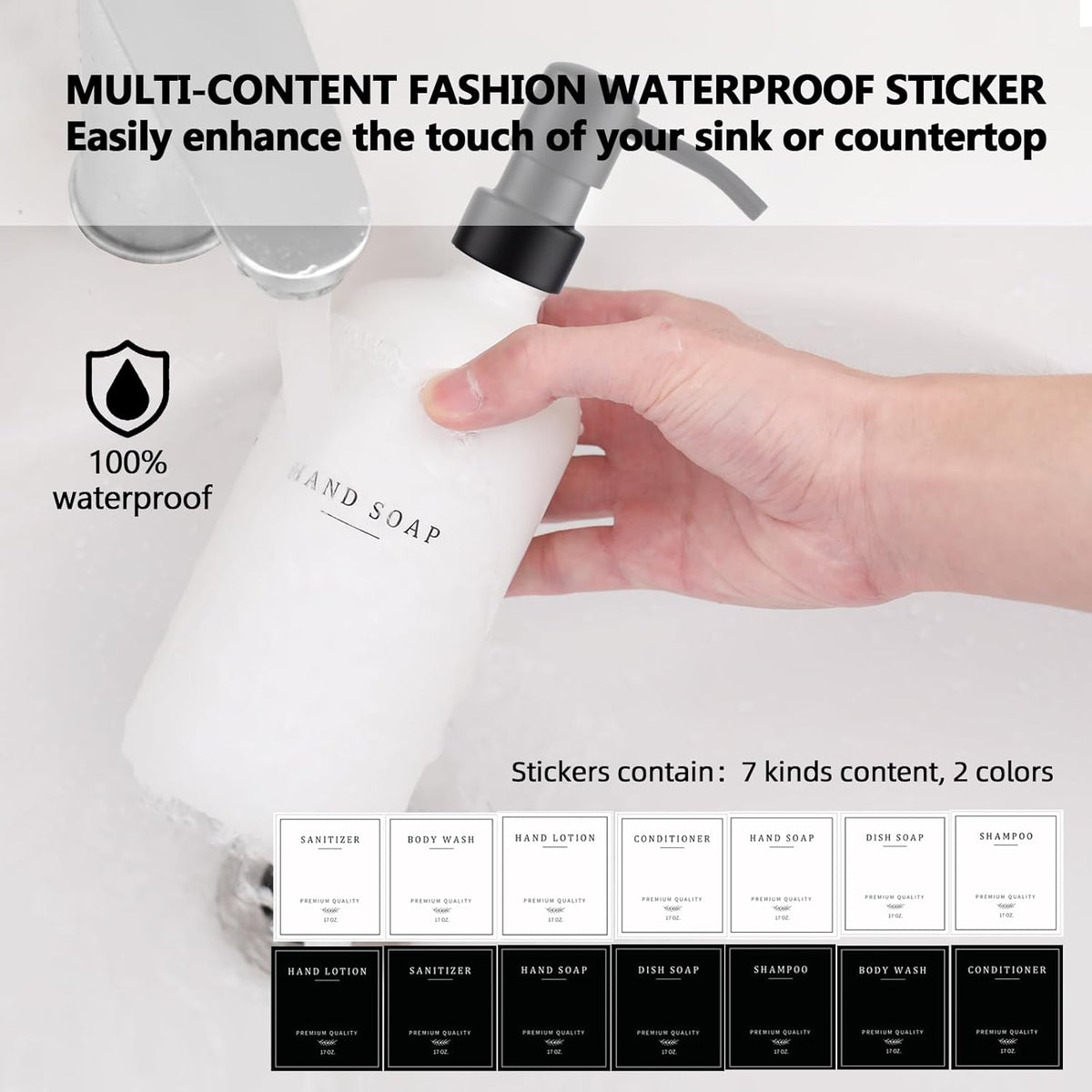 Thick Glass Soap Dispenser - Kitchen Dish Hand Soap Dispenser Set,Rustproof Pump Soap Lotion Dispenser Bathroom with Tray,14 Stickers for Kitchen Decor White Bottle/Black Pump