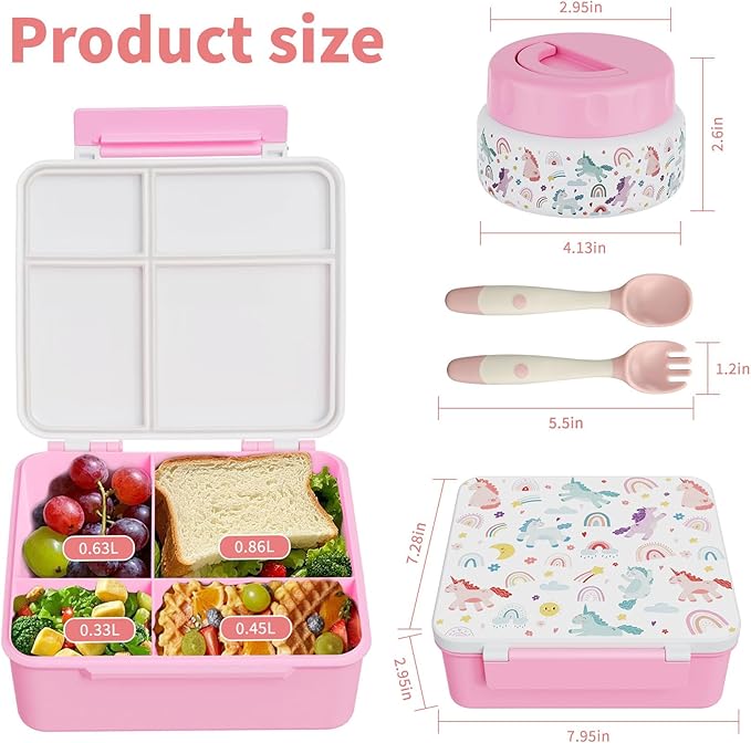 Bento Box for Kids with Thermo Food Container (9oz), 4-Compartment Lunch Box, Adjustable Divider, Leakproof Bento Lunch Box, Includes Utensils & Carry Bag for School, Office(White-Horse)