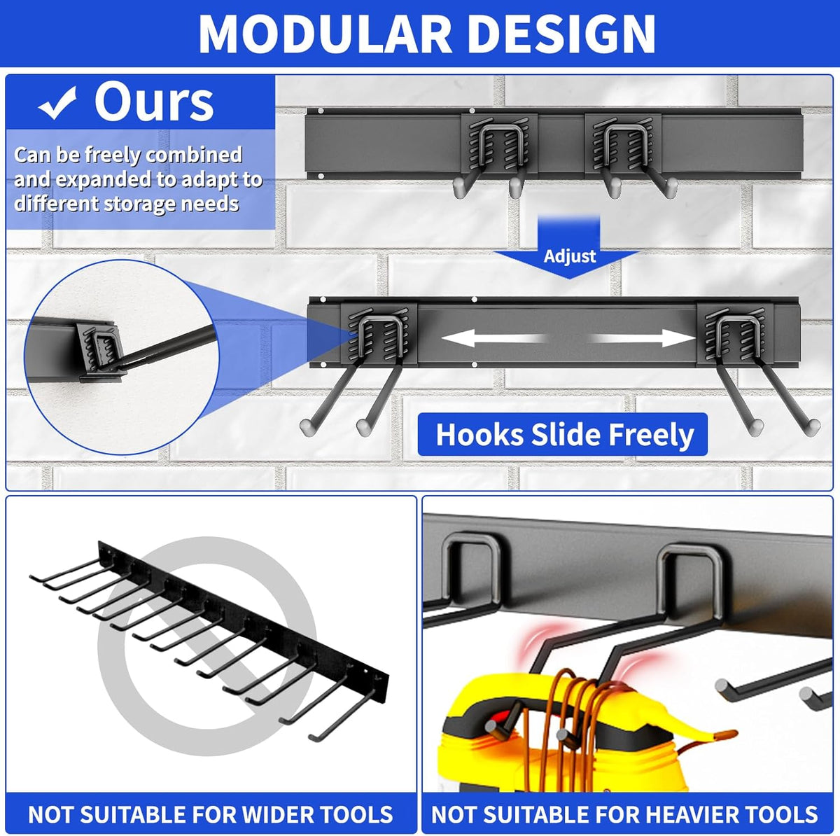 Garage Organization Tool Organizer Wall Mount, 48inch Heavy Duty Garden Tool organizer Storage System, Easy Install With 6 Adjustable Straight Hooks, For Garage, Basement, Shed, Workshop(Black)