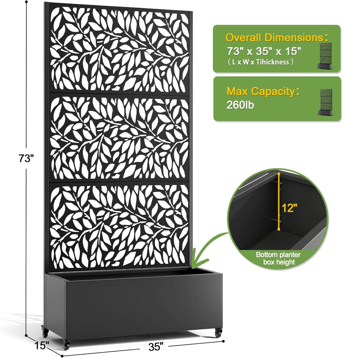 FENCY Metal Raised Garden Bed with Wheels and Trellis,73"x35"x16" Planter Box for Climbing Plants, Vegetables & Vines, Features Privacy Screen and Drainage Holes (Black-Leaf-2)