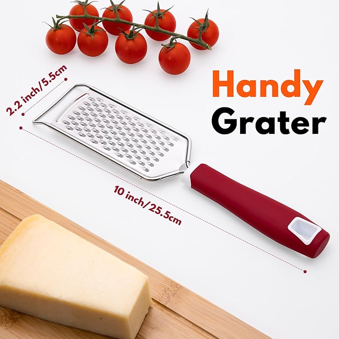 Rainspire Professional Cheese Graters for Kitchen Stainless Steel Handheld, Metal Lemon Zester Grater With Handle For Cheese, Chocolate, Spices, Kitchen Gadgets Tools, Soft Grip Handle (Red)