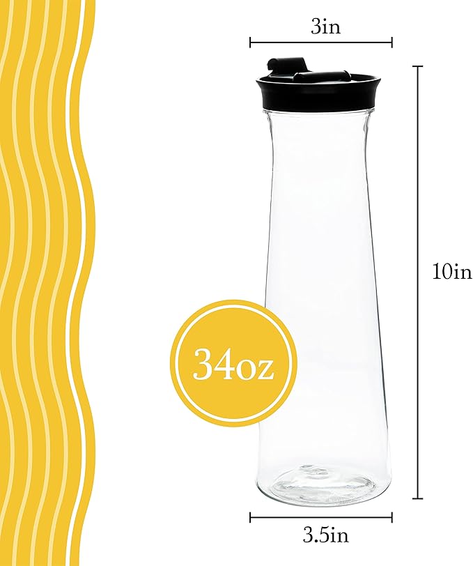 Clear Plastic Water Pitchers Carafes with Flip top Black Lids 34 OZ Heavy Duty Beverage Pitcher Jug for Juice or iced Coffee Great for Mimosa bar Restuarants ot Schools Pack of 2