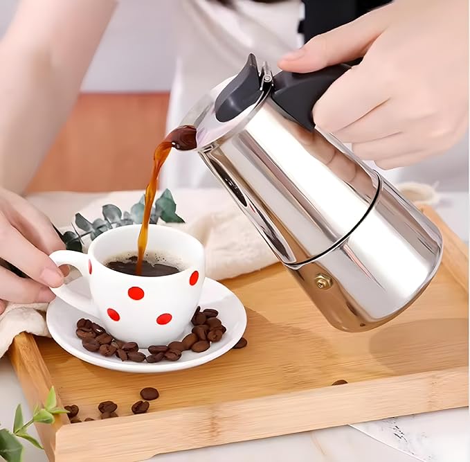 Stainless Steel Moka Pot Espresso Maker,Stovetop Moka Pot, Percolator Coffee Pot,Italian Coffee Maker,Cuban Café Brewing,Greca Coffee Maker (6 CUP)