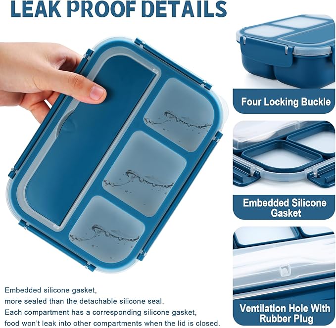 shell and turtle Bento Box Adult Lunch Box, Kids Lunch Containers for School with 4 Compartments, with Utensils, Sauce Jar, Muffin Liners, Microwave Safe, Navy