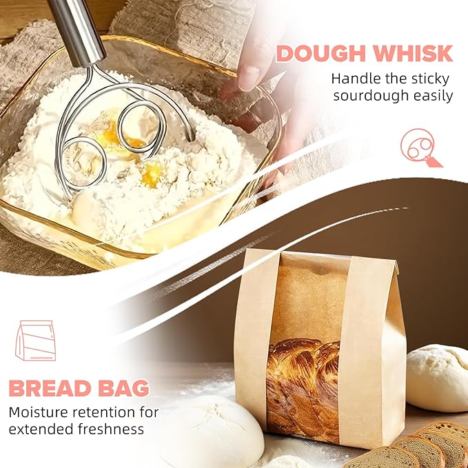 RYTOXILO Sourdough Starter Kit, 15 Pcs Sour Dough Bread Baking Supplies for Beginners with 24 Oz Glass Starter Jar, Complete Bread Making Set with Silicone Banneton Proofing Basket, Baking Accessory
