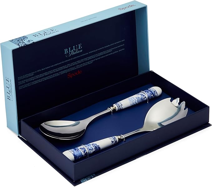 Spode Blue Italian Collection Salad Servers | 2 Piece Spoon and Fork Set | 10 Inch | Blue and White | Made of Porcelain and Stainless Steel | Italian Countryside Design