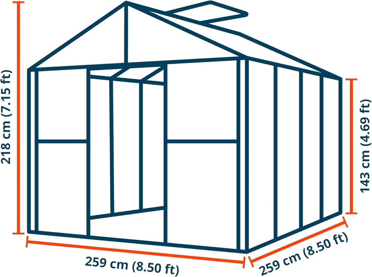 Greenhouse Saphir 4 Aluminum Frame 8.5 x 8.5 ft Approx. 8 mm Polycarbonate Panels - with Bonus Base Frame and Automatic Vent Opener