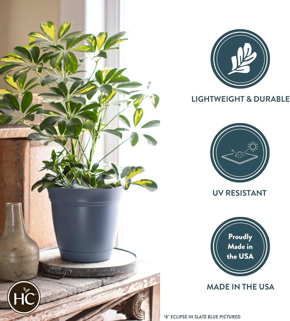 The HC Companies Eclipse Round Planter with Saucer - Outdoor & Indoor Plant Pot with Drainage Holes - Lightweight, UV-Resistant Plastic Pots for Plants, Flowers & Herbs (6" Black, Pack of 1)
