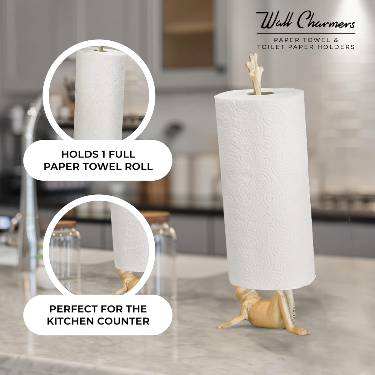 WallCharmers Gold Paper Towel Holder, Metal Toilet or Kitchen Paper Holder for Floor or Countertop, Gold Frog