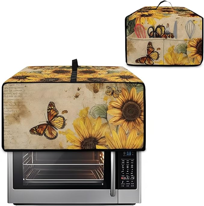 Convection Toaster Oven Cover with Pockets, Easy to Clean, Smart Microwave Baking Oven Dust Cover for Countertop, L, 18.5 x 22.5 x 13 inches, Retro Sunflower Butterfly