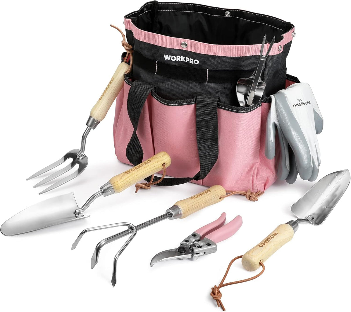 WORKPRO 8-Piece Pink Garden Tool Set, Stainless Steel Gardening Tools with Wood Handle, Including Garden Tote, Gloves, Trowel, Hand Weeder, Cultivator and More, Gardening Gifts For Women - Pink Ribbon