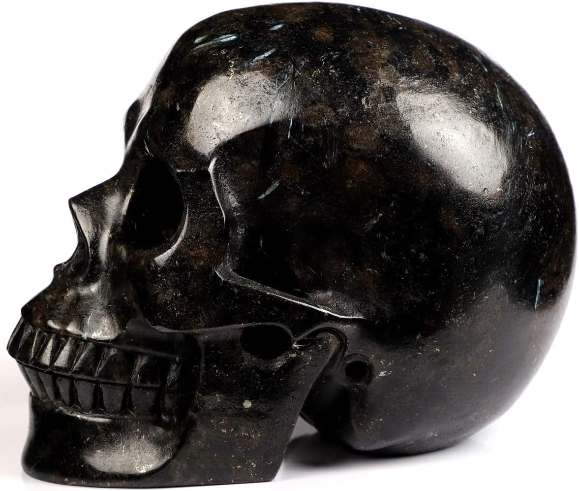 Skullis 5.0" Russian Arfvedsonite Crystal Skull, Hand Carved Gemstone Fine Art Sculpture, Reiki Healing Stone Statue.